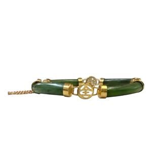 Vtg Nephrite Green Jade Gold Plated  Asian Oriental Bracelet with Safety Chain